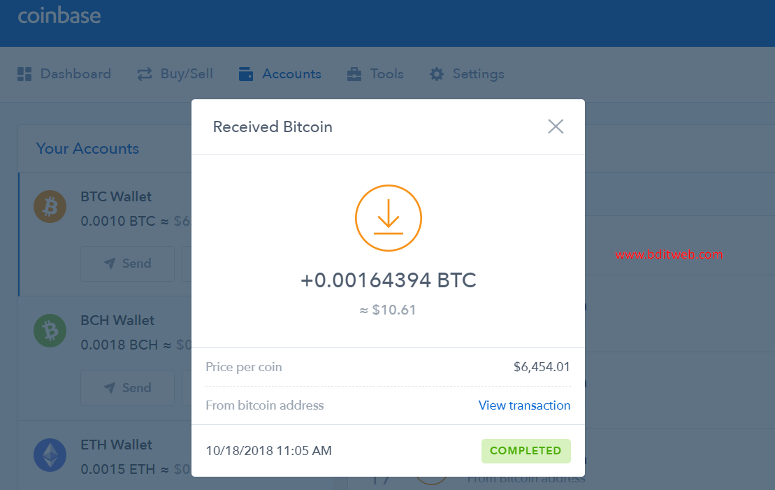 Freebitco send to Coinbase Payment Screenshot